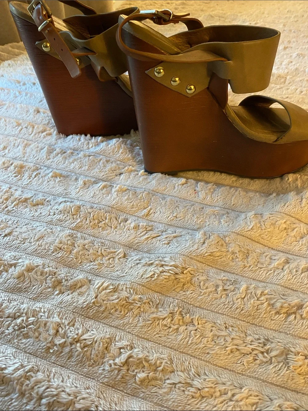 Moda International Taupe Suede Wedge Sandals with Wood-Effect Platform